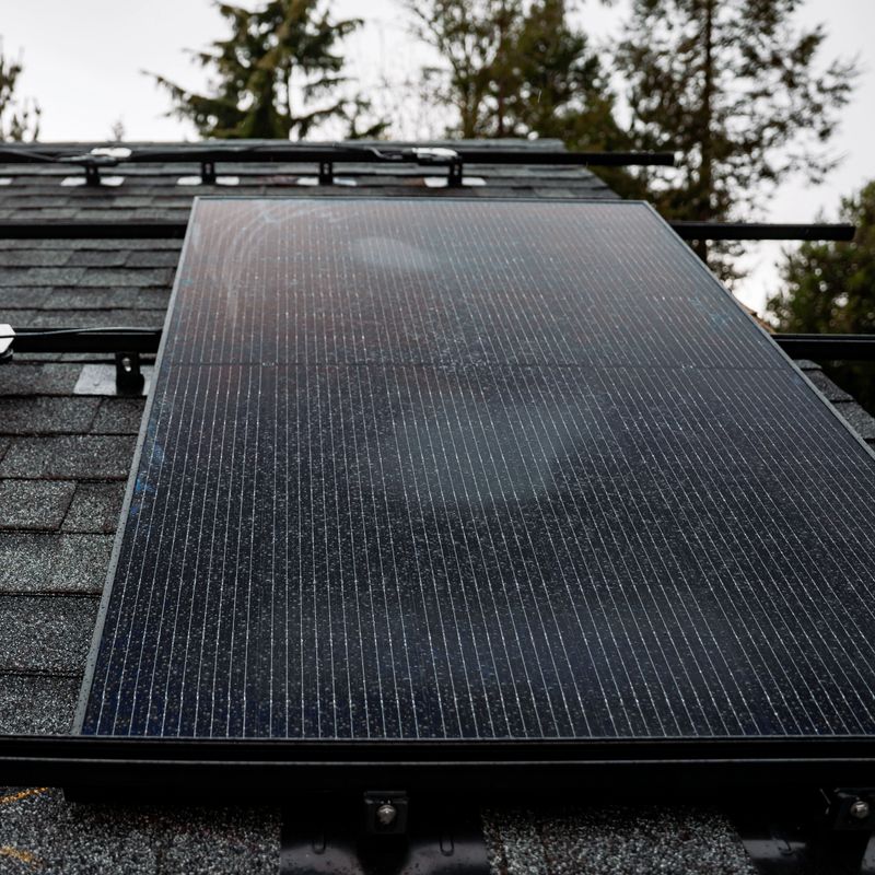 Solar Panels on the roof of a house in Portland, Oregon, Pacific Northwest. Shot from the rooftop.