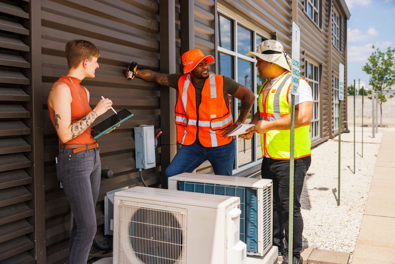 Diverse group of engineers, Black and Asian men and Caucasian woman, are engaged in detailed inspection of air conditioning units outside a modern building. Woman is taking notes while one man points out a specific part of the equipment to the other.