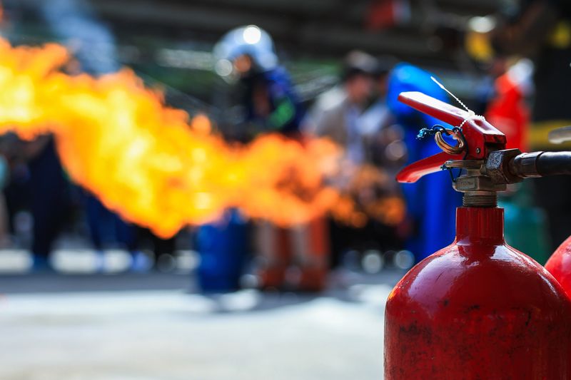 Company employees are undergoing basic fire extinguishing training, fire extinguisher use, safety week, fire prevention, loss prevention,