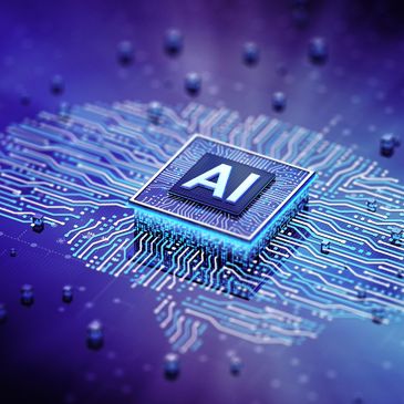 Close-up of an AI chip on a glowing blue circuit board.