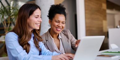 Small Business consulting with client looking at laptop.