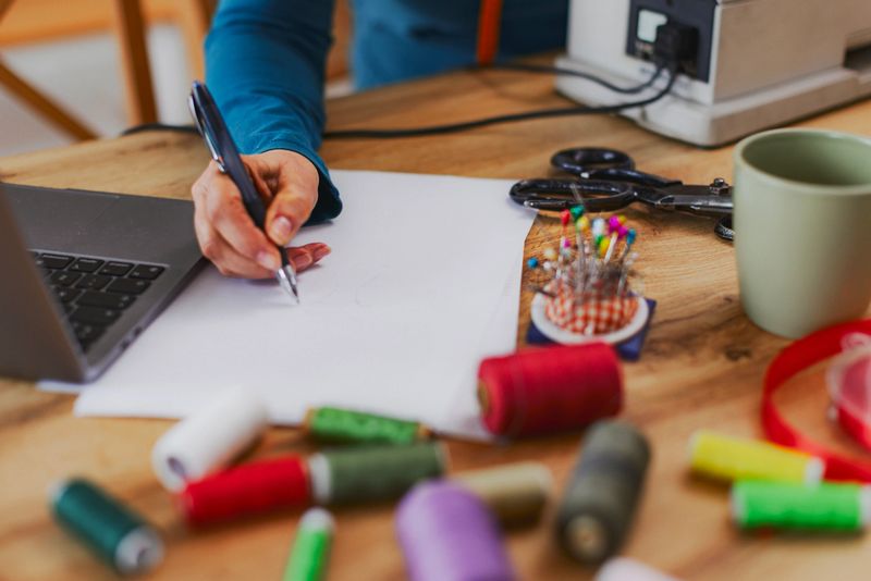 Woman is using her sewing machine for her online seamstress business, with her laptop close by on the table in front of her