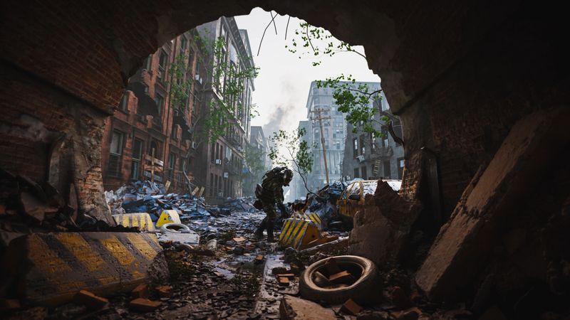 A person wearing a protective suit calling a cat in a post apocalyptic street scene. CGI