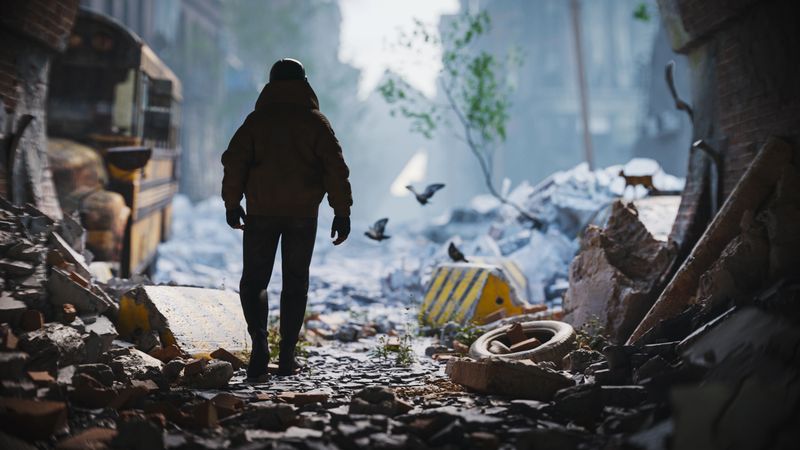 A person exiting a tunnel and looking at a post apocalyptic street scene. CGI