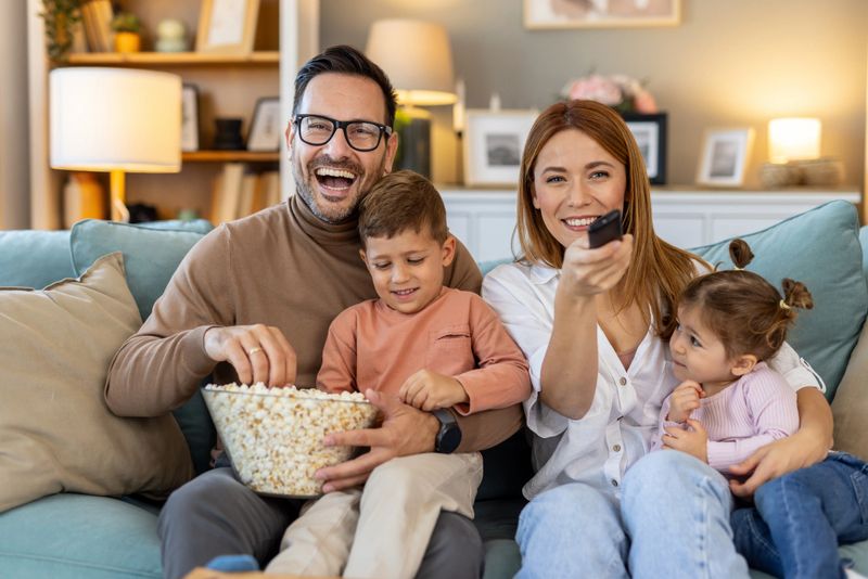 A family of four, enjoying their time on a couch with a bowl of popcorn, watching a movie, capturing joyful moments in their warm and beautifully lit living room.