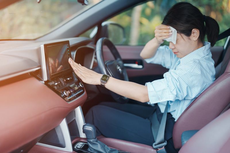 woman driving car with broken air conditioner in hot summer weather, uses tissue paper napkin to wipe the sweat off her forehead. Businesswoman driver is tired, Exhausted overheated and stressed