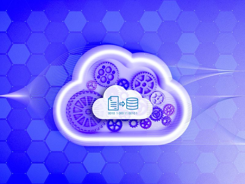 Data migration solutions,information transfer management, online storage connection technology concept. Digital data icon on cloud with many gears and cogwheels in big cloud, blue network background.