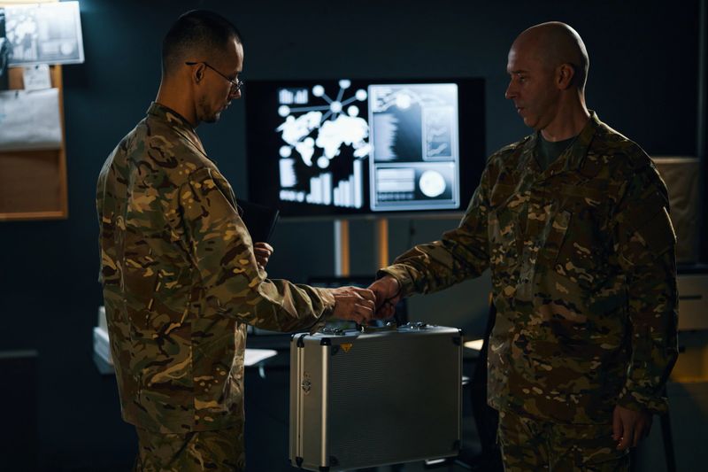 Two military officers in camouflage uniforms shaking hands while discussing plans near briefcase with map display on screen in background