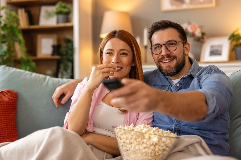 A happy couple enjoys a cozy movie night at home, sitting on the couch with a bowl of popcorn. They are smiling and engaged, sharing a fun and relaxing evening together.
