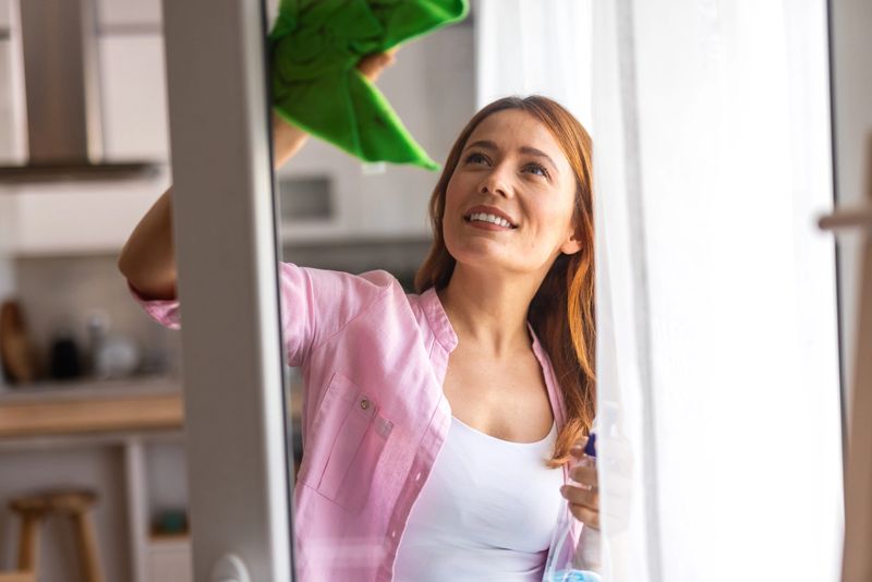 housework and housekeeping concept - happy woman in cleaning window with rag and cleanser spray at home