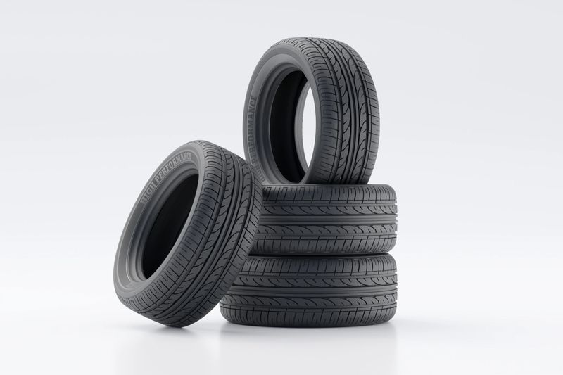 Image of a neatly arranged stack of four car tires, highlighting their tread patterns and robust design, suitable for automotive or tire marketing concepts, showcasing quality and performance.