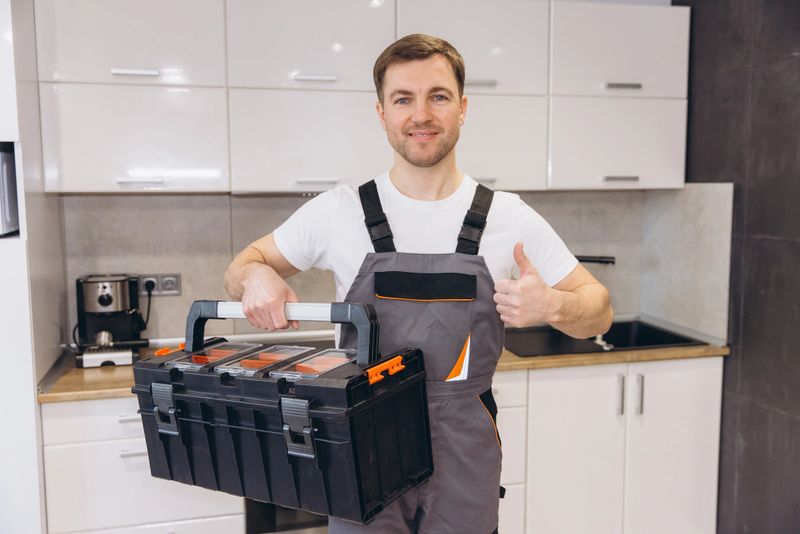 Professional plumber holding a toolbox and gesturing thumbs up, satisfied with his work in a modern kitchen