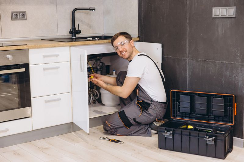 Professional plumber working on installing or repairing water filter system under sink in modern kitchen