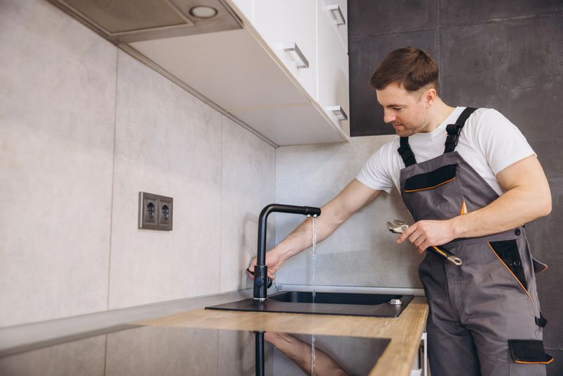 Professional plumber working on kitchen faucet, using wrench and checking water flow in modern apartment