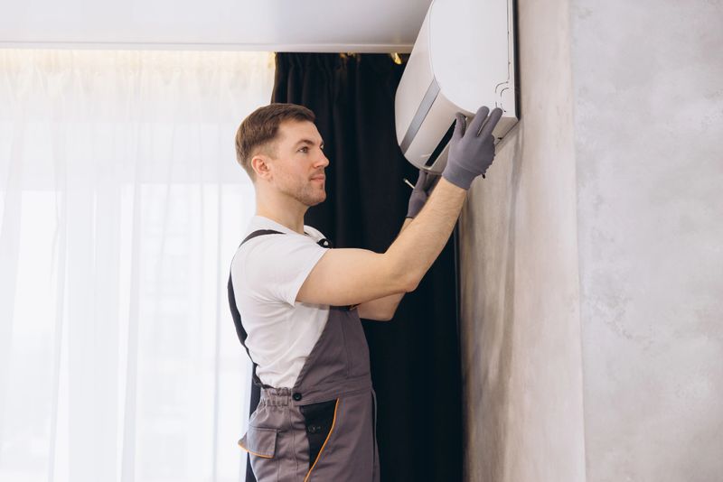 Male technician working on a HVAC system during maintenance or installation of a new air conditioner unit in a residential building