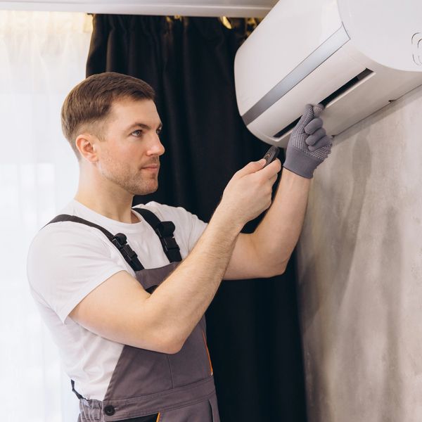 Technician in work clothes and gloves checking an indoor mini-split AC unit.