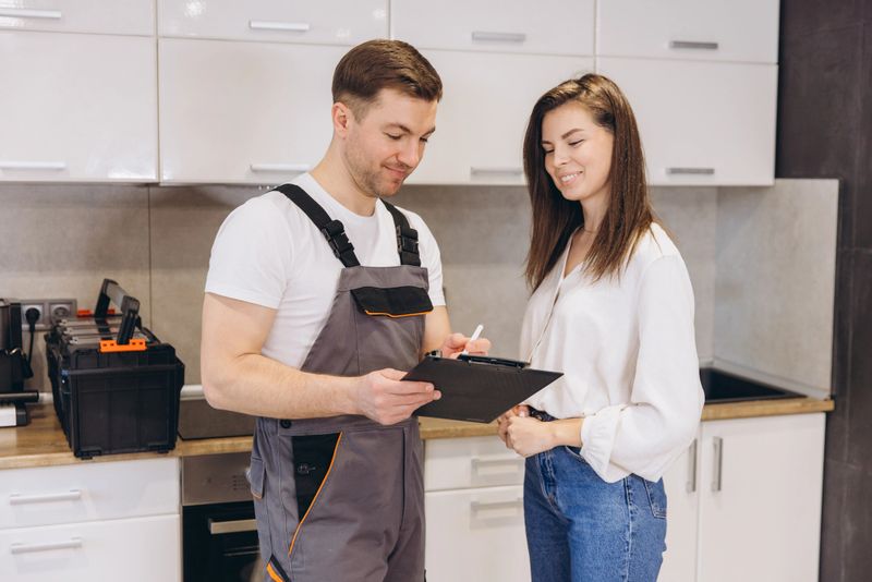 Plumber writing notes on a clipboard while discussing an estimate with a woman in her kitchen, addressing repair costs and maintenance solutions
