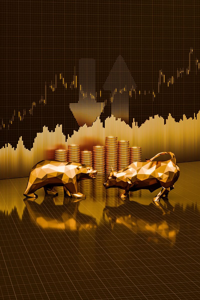 Bull and Bear in Gold in front of a bar graph, candlestick chart, halftone arrows and stacks of coins - background is a scale paper. Concept for stock exchange, making money with stock trading