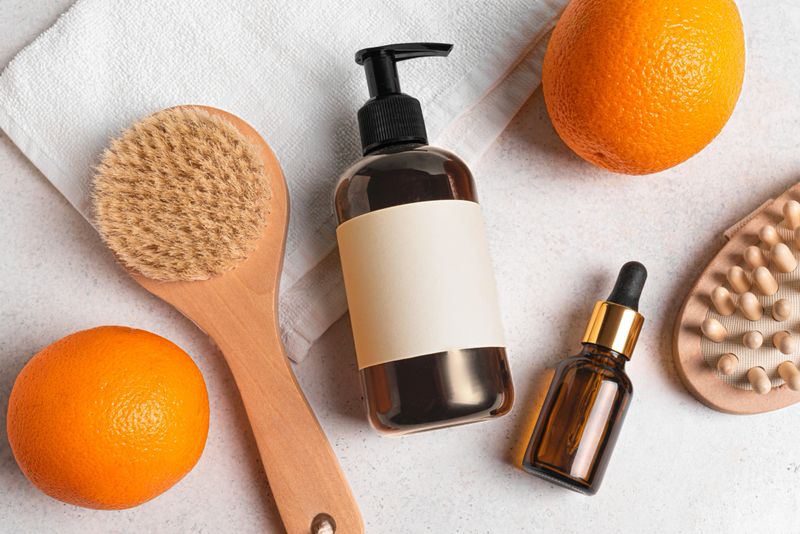 Cosmetic products bottle and dropper, wooden brush for anti-cellulite dry massage and oranges citrus fruit flat lay on towel. Anti-cellulite, body care, detoxing and lymphatic drainage concept.