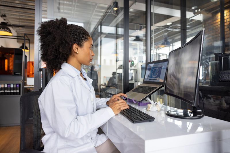Health engineer working at a 3D printing laboratory using a computer to create a dental mold - health technology concepts