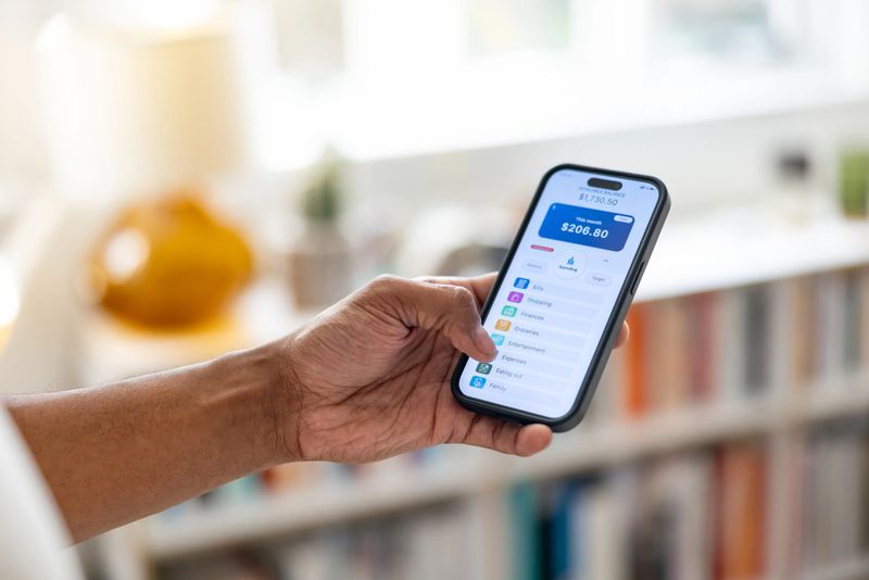 Close-up on a man checking the balance on his digital wallet using a mobile app on his phone - home finances concepts