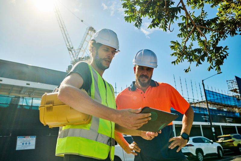 Two engineers wearing hardhats and high-visibility vests are discussing building plans at a construction site in australia