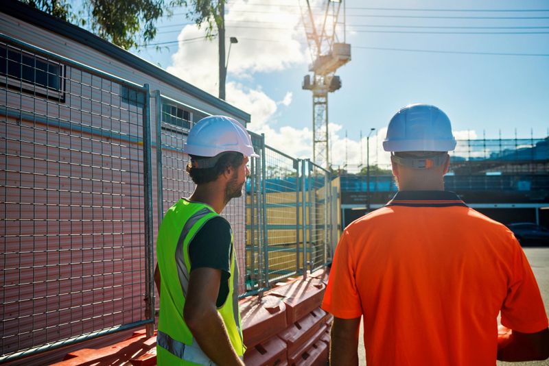 Two cheerful engineers discussing building plans on a construction site in new south wales, australia
