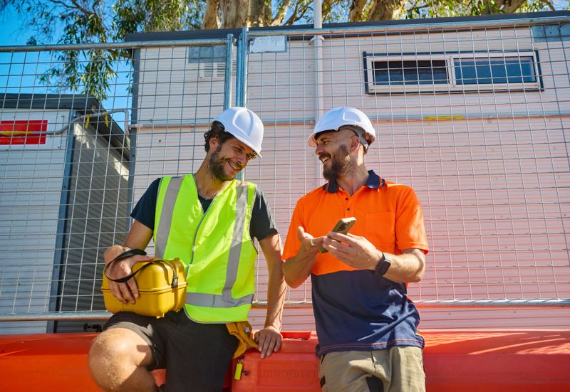 Two cheerful engineers discussing building plans on a construction site in new south wales, australia