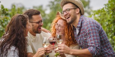 Friends toasting with wine in a vineyard.