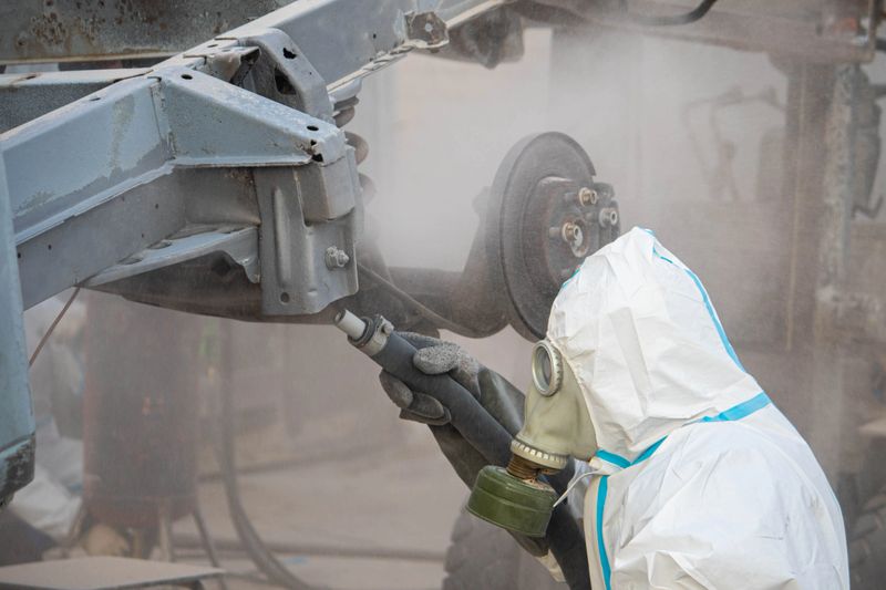 industrial processing of rusty metal of a car body with a sandblasting machine