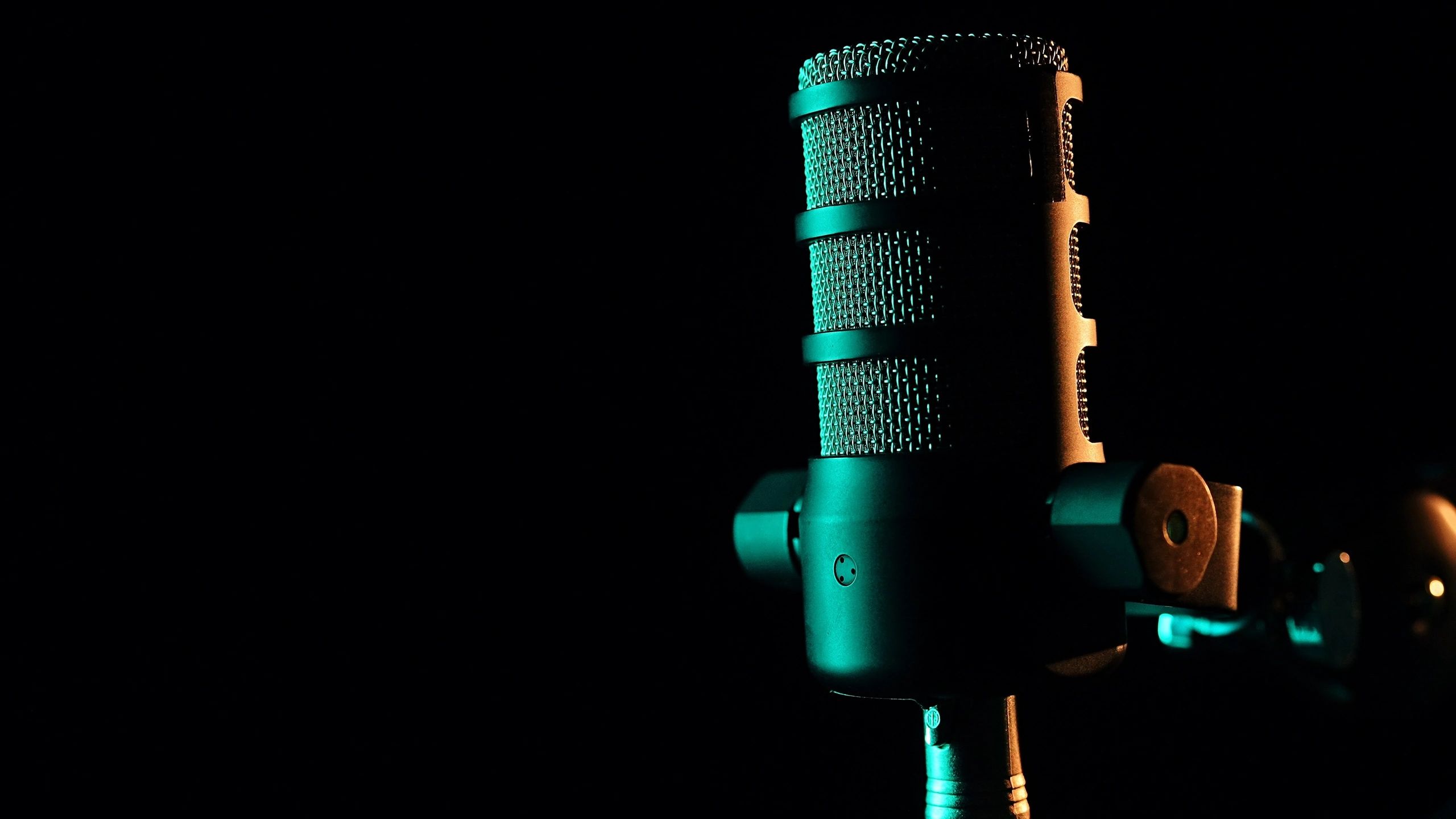Close-up of a studio microphone with dramatic lighting against a black background.