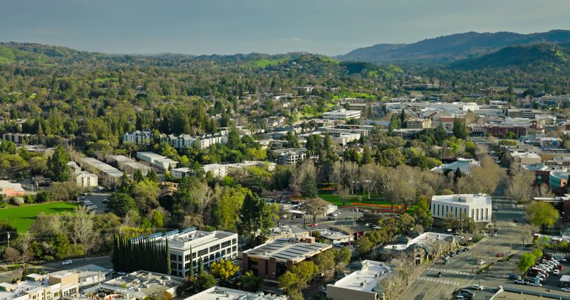 Aerial shot of Walnut Creek on a sunny day in spring. Walnut Creek is an upscale city in the East Bay region of the San Francisco Bay Area, in Contra Costa County, California.