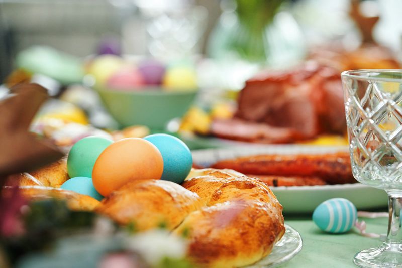 Easter Lunch with Roast Pork, Vegetables, Easter Cookies and Easter Cake