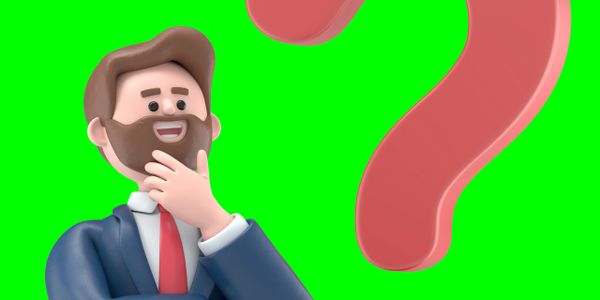 3D man in suit thinking with a large question mark on green background.