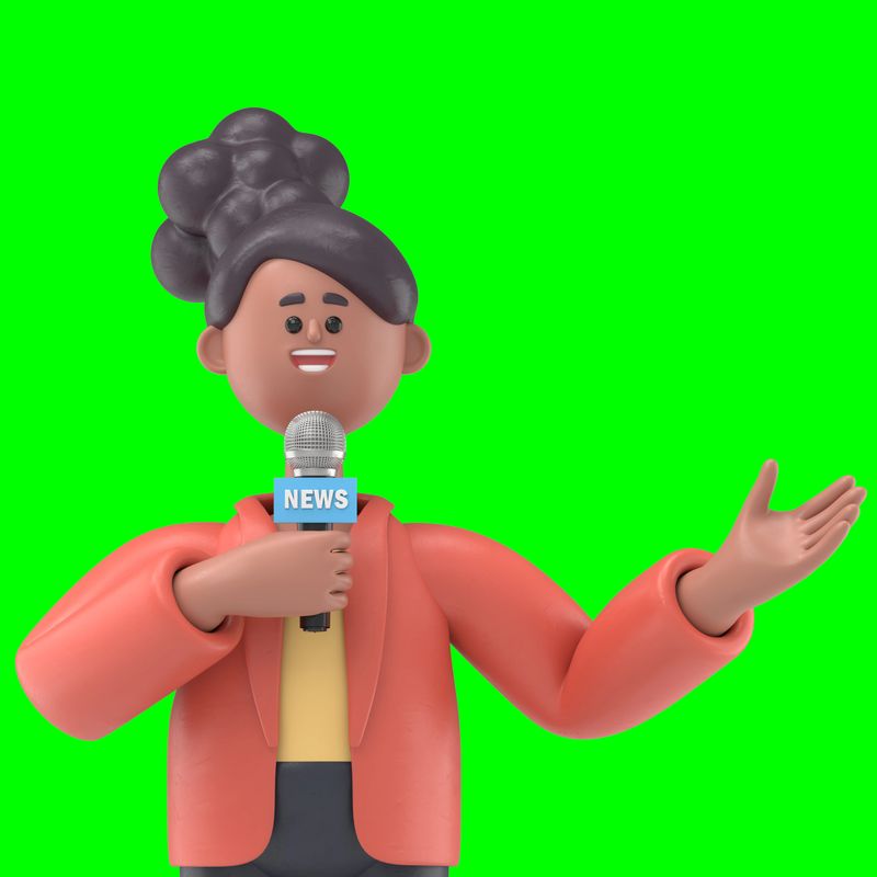 3D illustration of african american woman Coco news presenter with microphone in hand.Green Screen Mockup.3D rendering on Green Screen for footage and clipping path.