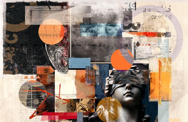 Abstract collage blending classical sculpture and geometric shapes with muted and vibrant colors.