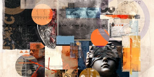 Abstract collage featuring geometric shapes and a blindfolded statue face.