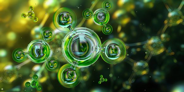 Illustration of zoomed-in green molecules or atoms.