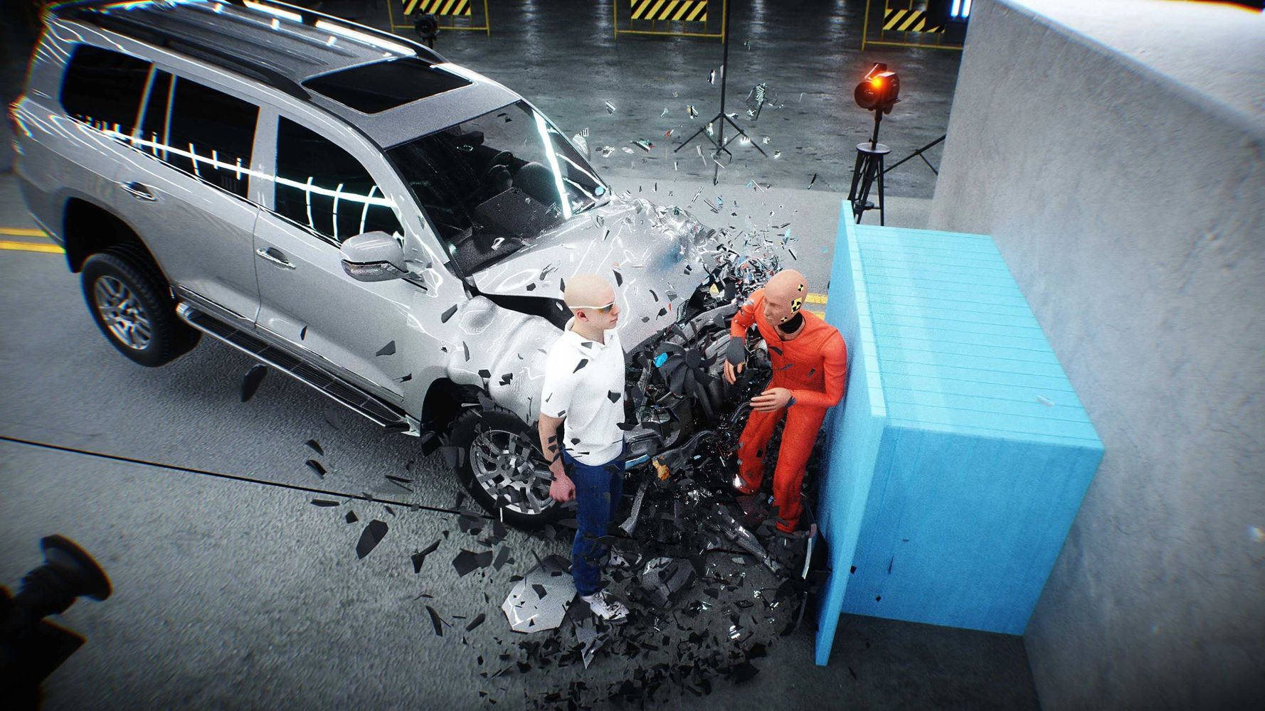Crash test simulation with a silver SUV and crash test dummies.