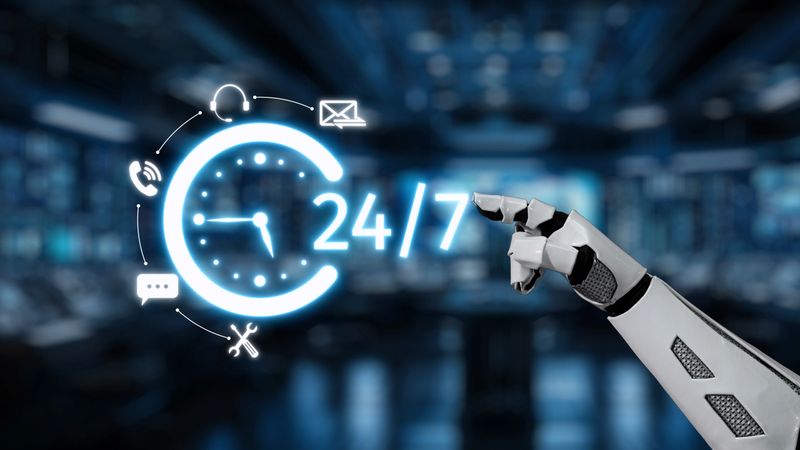 A futuristic robotic hand points at a digital 24-hour clock symbol surrounded by communication icons, representing constant connectivity in a technology-rich workspace. Auvana