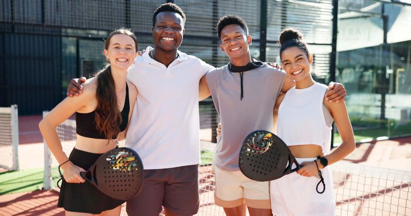 Sport, padel portrait and team on court for competition, match practice and tournament game. Tennis players, happy people and group at fitness training for challenge or bonding together after workout