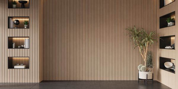 Minimalist modern room with wooden wall and built-in shelves.