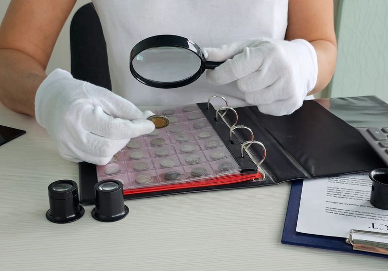 Collector examines rare coin in a detailed cataloging process in a modern workspace
