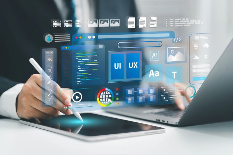 Web UI-UX design, web development concept. A web developer works on a website, surrounded by holographic displays of code, icons, and data visualizations. Web design, application design, coding.