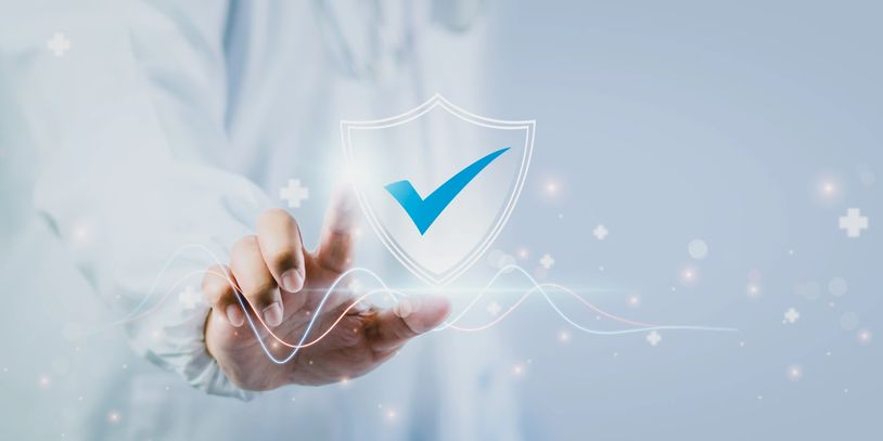 Resolv Global: woman’s finger pressing a shield icon with blue checkmark, symbolizing data security.