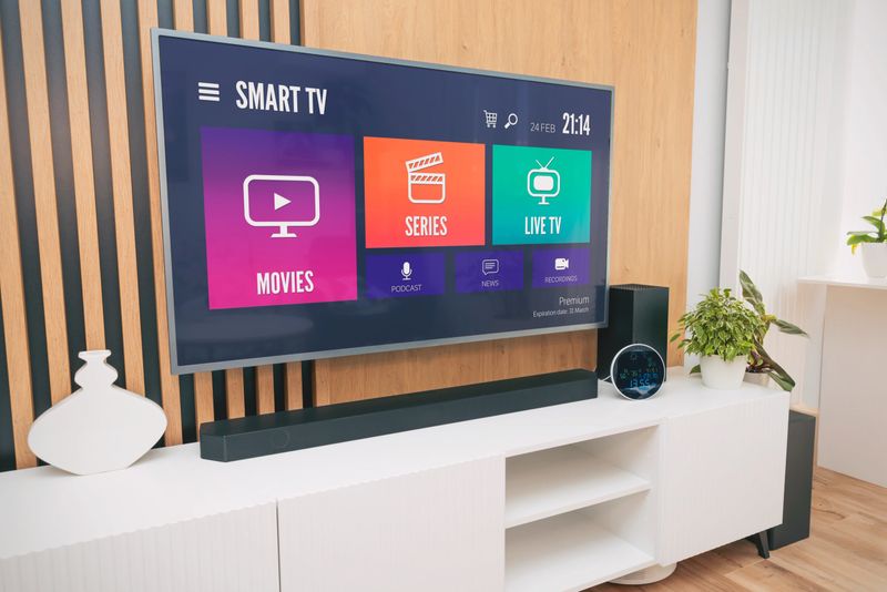 Modern living room and TV set with multimedia app UI