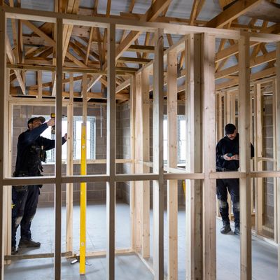 Two builders working on timber frame internal walls during an HMO conversion in Yorkshire
