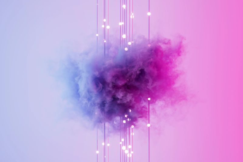 A digitally generated image featuring a glowing cloud intertwined with neon wires, symbolizing cloud computing, digital networks and futuristic technology. This conceptual design represents data connectivity, AI-driven cloud systems and modern IT infrastructure, making it ideal for technology, cybersecurity and cloud storage themes.