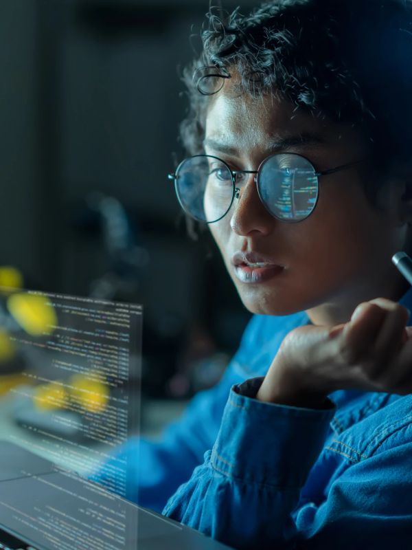 Person with glasses focused on computer code.