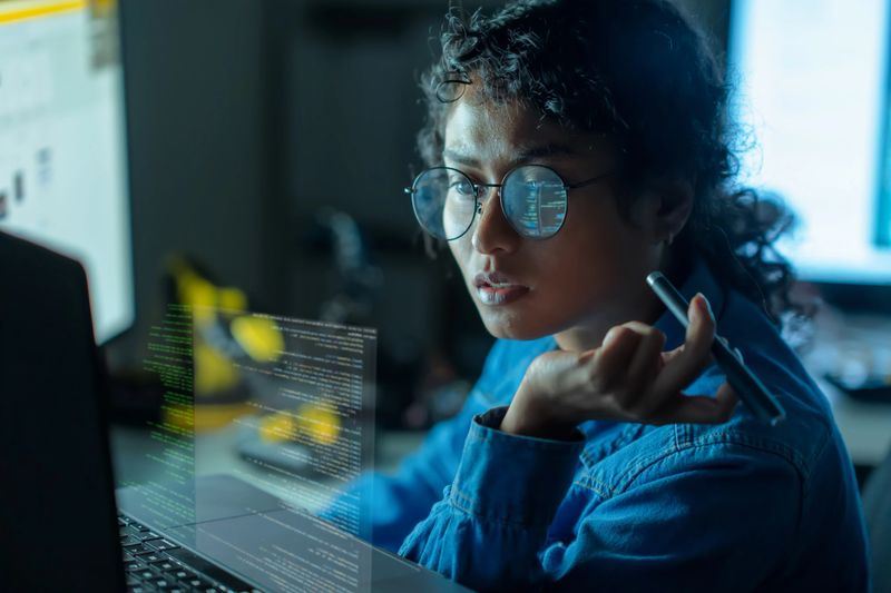 An Asian woman collaborates on a SaaS platform, writing code on multiple screens in a vibrant coworking environment, driving technology forward.